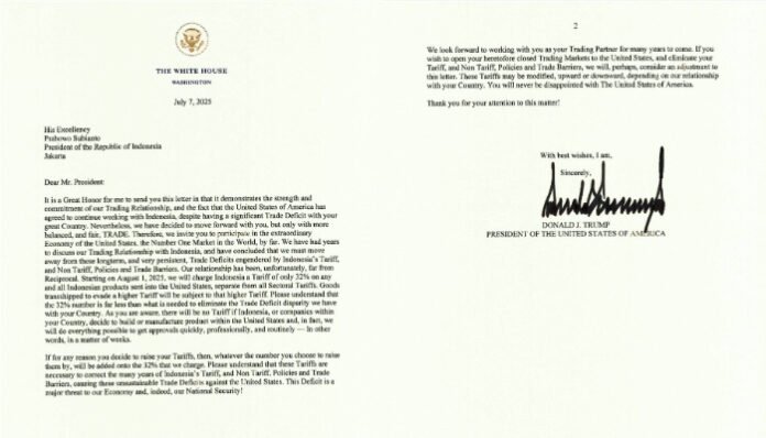 Surat Trump ke Prabowo, Terkait keputusan pemerintah AS untuk mengenakan tarif impor sebesar 32 persen. (Foto: X/Twitter)