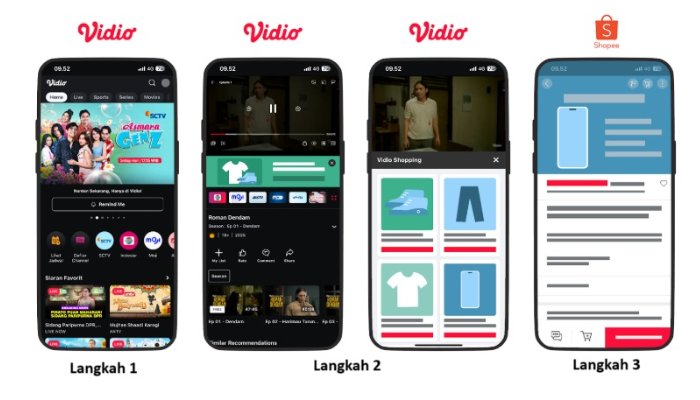 Tampilan antarmuka fitur Vidio Shopping yang memungkinkan pengguna berbelanja langsung dari aplikasi Vidio saat menonton konten favorit.