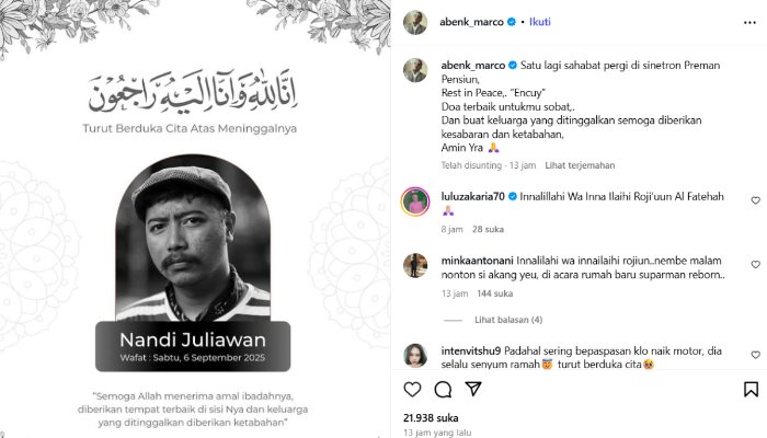 Dunia iburan berduka, Nandi Juliawan ‘Encuy’ Preman Pensiun tutup usia. (Foto: Instagram/@abenk_marco)
