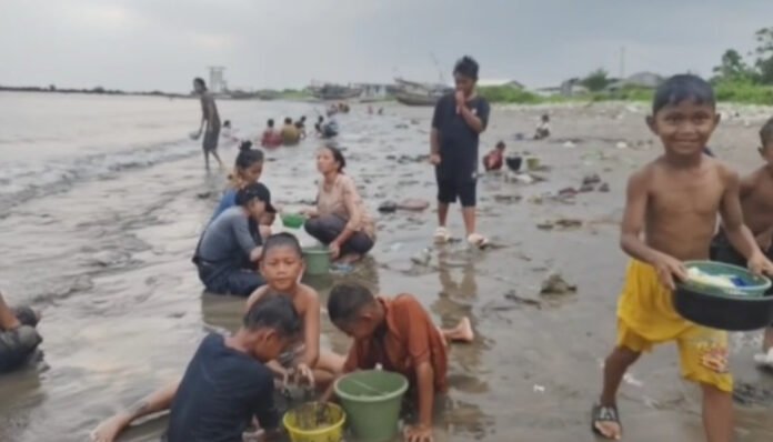 Warga berburu kerang di Pantai Teluk Labuan (Foto_Bantentv.com)