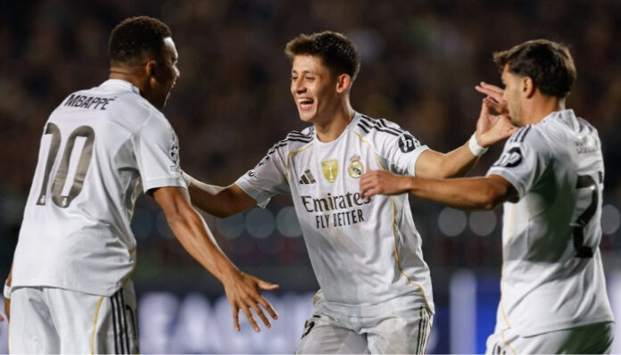 Aksi selebrasi pemain Real Madrid setelah mencetak gol dalam pertandingan Liga Champions Eropa (Foto : X/ @realmadrid)