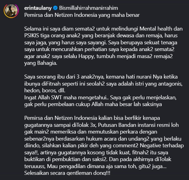 Erin Taulany akhirnya angkat bicara soal gugatan cerai Andre. 