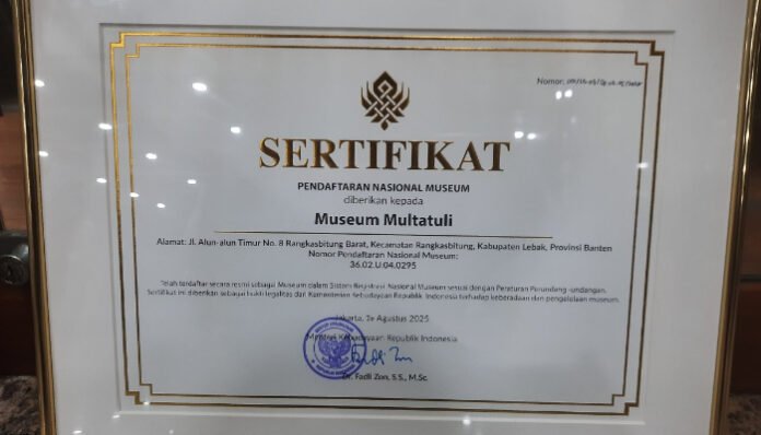 Sertifikat Museum Multatuli Lebak (Foto/X@MultatuliMuseum)