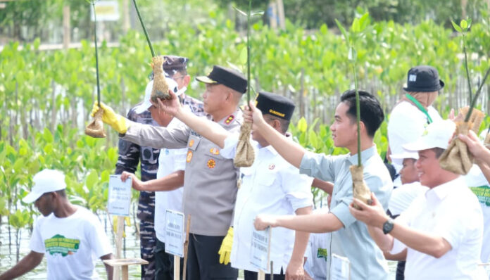 Kapolda Banten Irjen Pol Hengki damping Wakil Presiden Gibran Rakbuming Raka tanam mangrove di Mauk, Kabupaten Tangerang, Senin, 27 Oktober 2025.