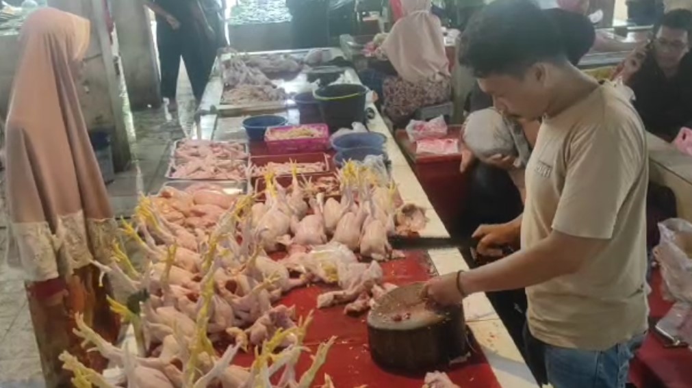 Pedagang Pasar Blok F Cilegon mengeluhkan kenaikan harga ayam (Bantentv.com/ Ali)