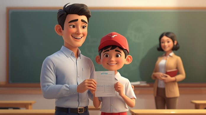 Ilustrasi seorang ayah sedang mengambil rapor anaknya pada akhir semester (Canva AI)