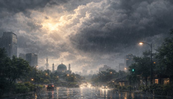 Ilustrasi suasana sore hari cuaca berawan tebal disertai hujan (Foto AI)
