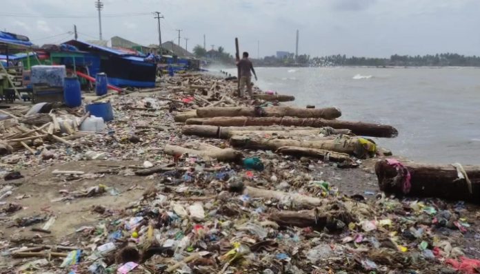 Gelombang Tinggi Picu Lautan Sampah dan Kayu Gelondongan di Pesisir Pandeglang. (Foto: Bantentv.com)