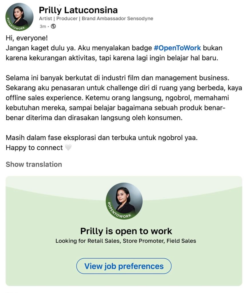 Unggahan LinkedIn Prilly 