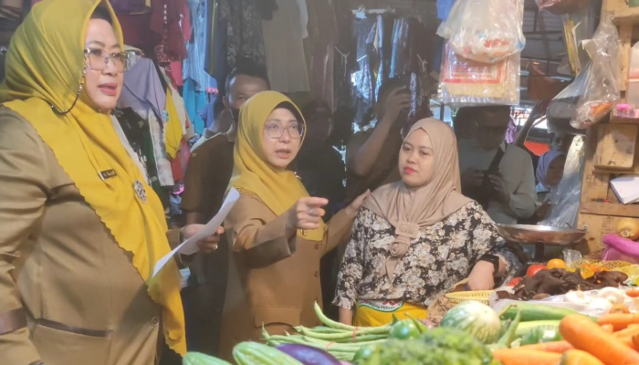 Bupati Pandeglang Raden Dewi Setiani saat meninjau harga kebutuhan pokok dalam sidak di Pasar Badak, Pandeglang.