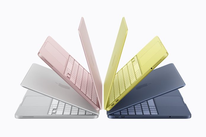 MacBook Neo hadir dalam empat warna, perak, pink merona, kuning sitrus, dan indigo (Foto: Apple)