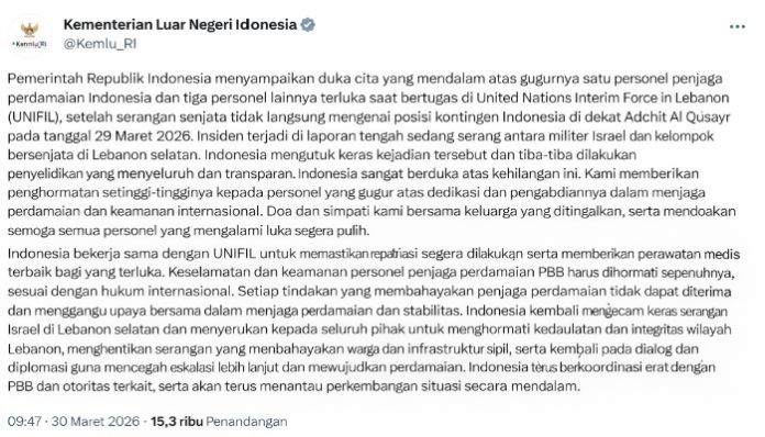 Pernyataan Kemlu Terkait Prajurit TNI Penjaga PBB Gugur di Lebanon