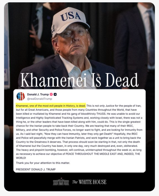 Trump Klaim Khamenei Tewas dalam Serangan AS–Israel. (Foto: @WhiteHouse/X)