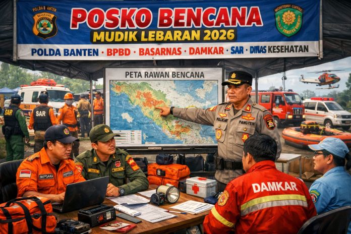 Polda Banten mendirikan pos bencana untuk amankan arus mudik Lebaran 2026 (Foto: AI)