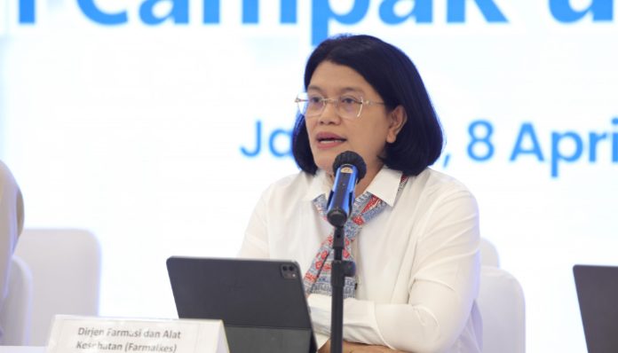 Dirjen Farmasi dan Alkes Kemenkes Lucia Rizka Andalusia saat konferensi pers terkait perluasan vaksin campak untuk dewasa