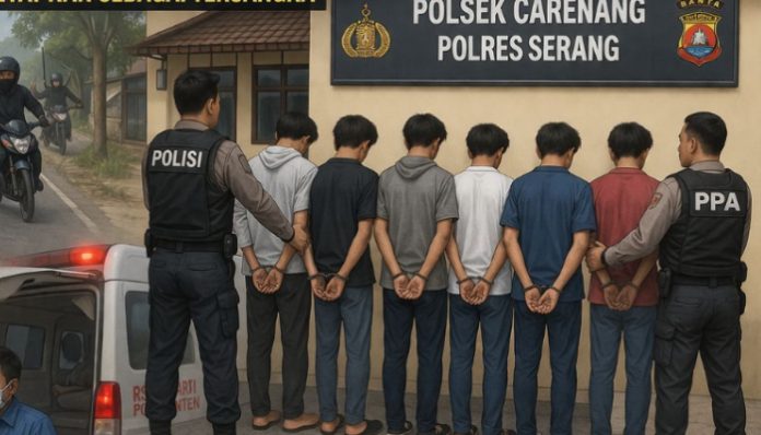 Petugas kepolisian mengamankan pelajar yang diduga terlibat tawuran di Kecamatan Carenang
