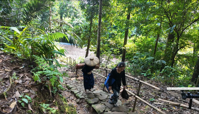 Warga adat Baduy berjalan menyusuri jalan setapak di kawasan Desa Kanekes, Lebak, Banten