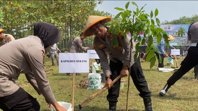 Polda Banten menanam 3.000 pohon di wilayah hukum Polres Serang, tepatnya di Kragilan (Foto: Bantentv.com/ Imron)