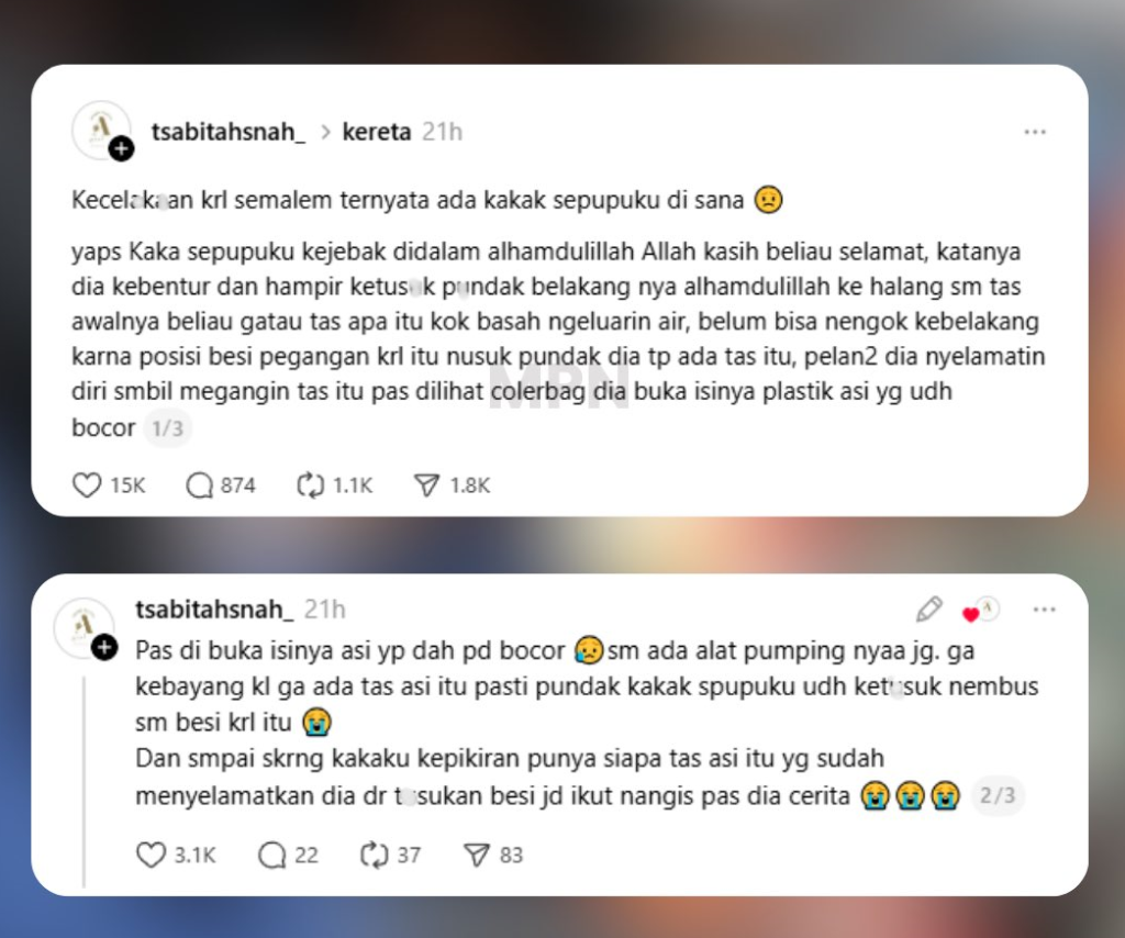 Threads yang membagikan cerita  pilu dibalik insiden kereta Bekasi (Foto : Threads/tsabitahsnah)