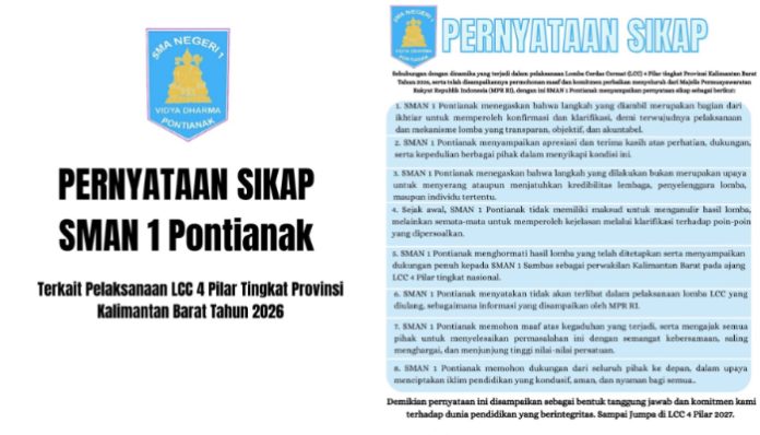 Pernyataan sikap SMAN 1 Pontianak terkait pelaksanaan LCC 4 Pilar tingkat Kalimantan Barat tahun 2026 (Foto: Instagram/ @smansaptk.informasi)