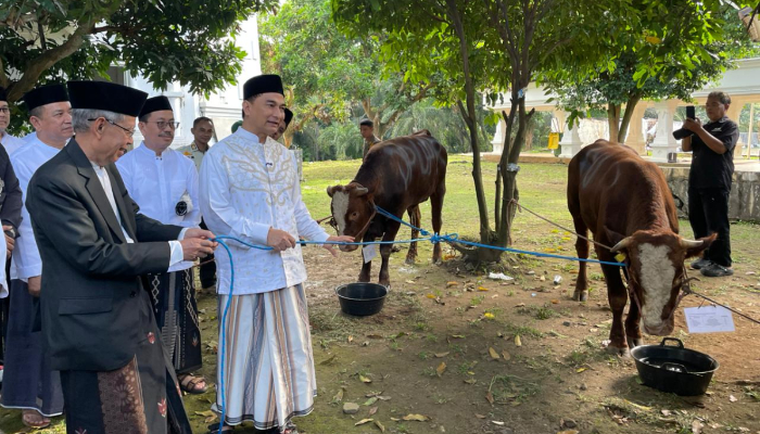 Wakil Gubernur Banten Achmad Dimyati Natakusumah menyerahkan hewan kurban secara simbolis kepada perwakilan DKM Masjid Raya Al Bantani usai Salat Idul Adha 1447 Hijriah