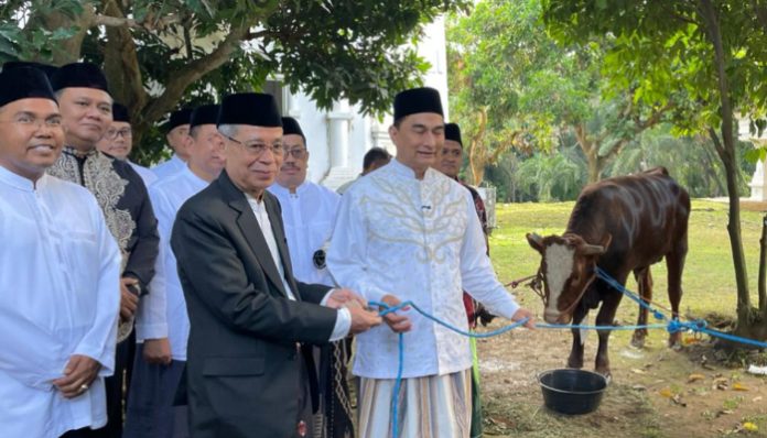 Wakil Gubernur Banten Achmad Dimyati Natakusumah menyerahkan secara simbolis hewan kurban ASN Pemprov Banten di Lapangan Masjid Raya Al Bantani, KP3B Curug, Kota Serang