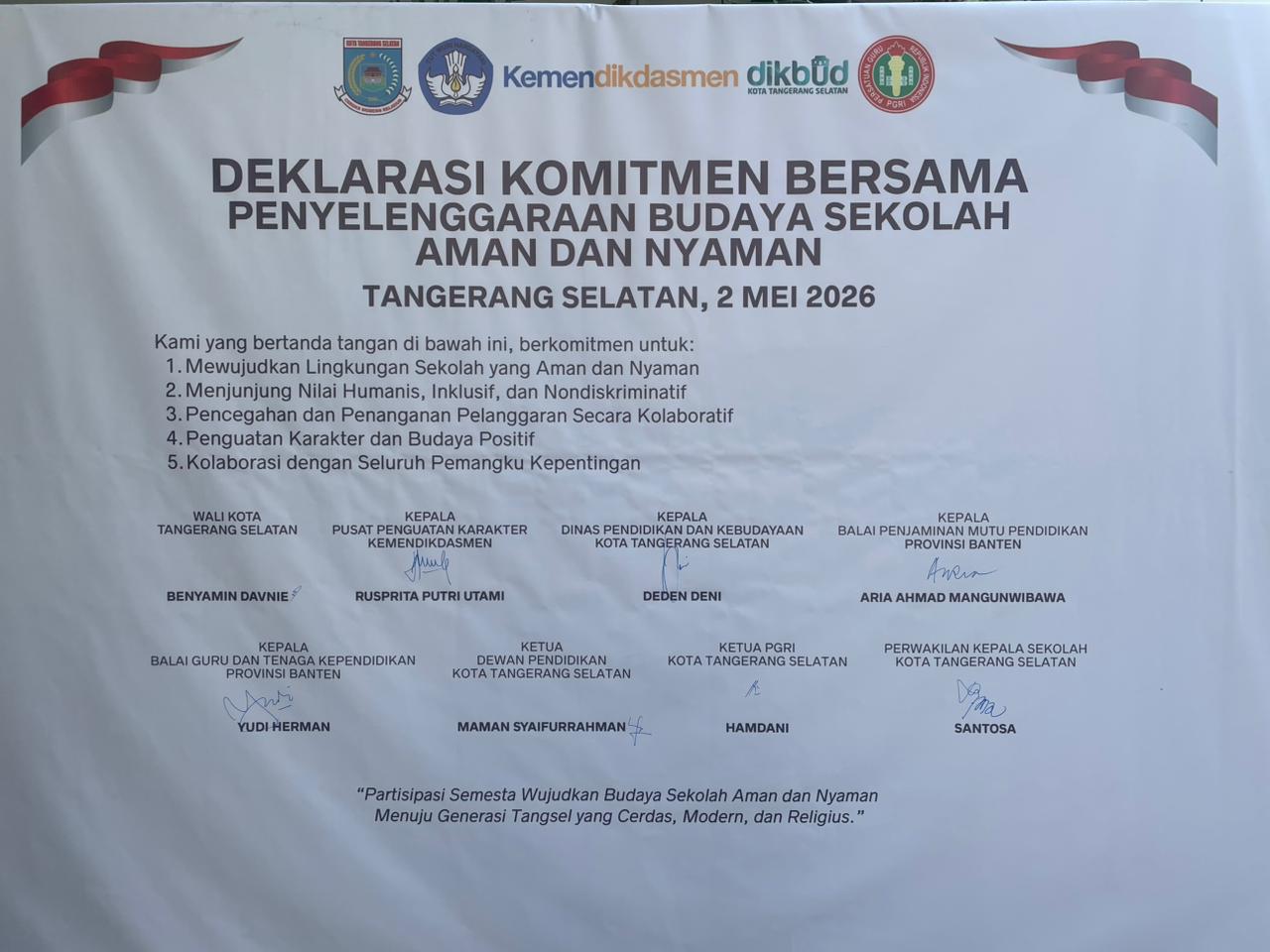 Deklarasi Komitmen Bersama Penyelenggaraan Budaya Sekolah Aman dan Nyaman oleh pemerintah Kota Tangerang Selatan (Foto: Bantentv.com/ Qonitah)
