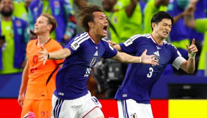 Pemain Jepang merayakan gol penyeimbang yang dicetak Daichi Kamada saat menahan Belanda 2-2 pada laga Grup F Piala Dunia 2026 di Stadion Dallas