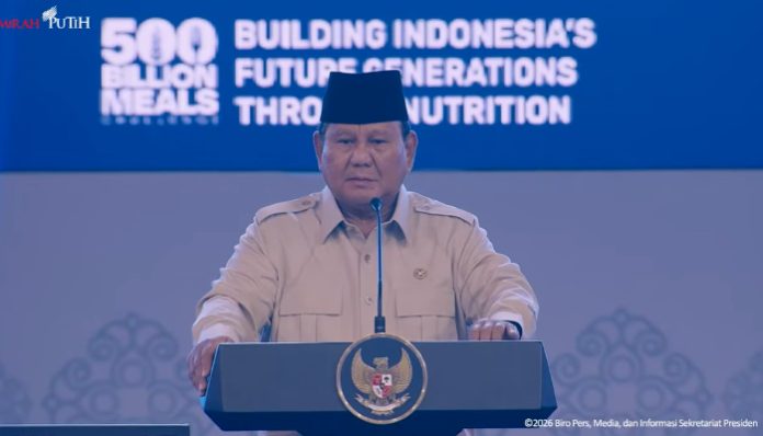 Presiden Prabowo Subianto menyampaikan sambutan dalam acara Building Indonesia’s Future Generations Through Nutrition di SICC Sentul, Bogor