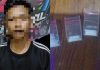 Tersangka dan barang bukti sabu dan peralatan yang diamankan dari terduga pengedar narkotika di Kecamatan Cikande, Kabupaten Serang